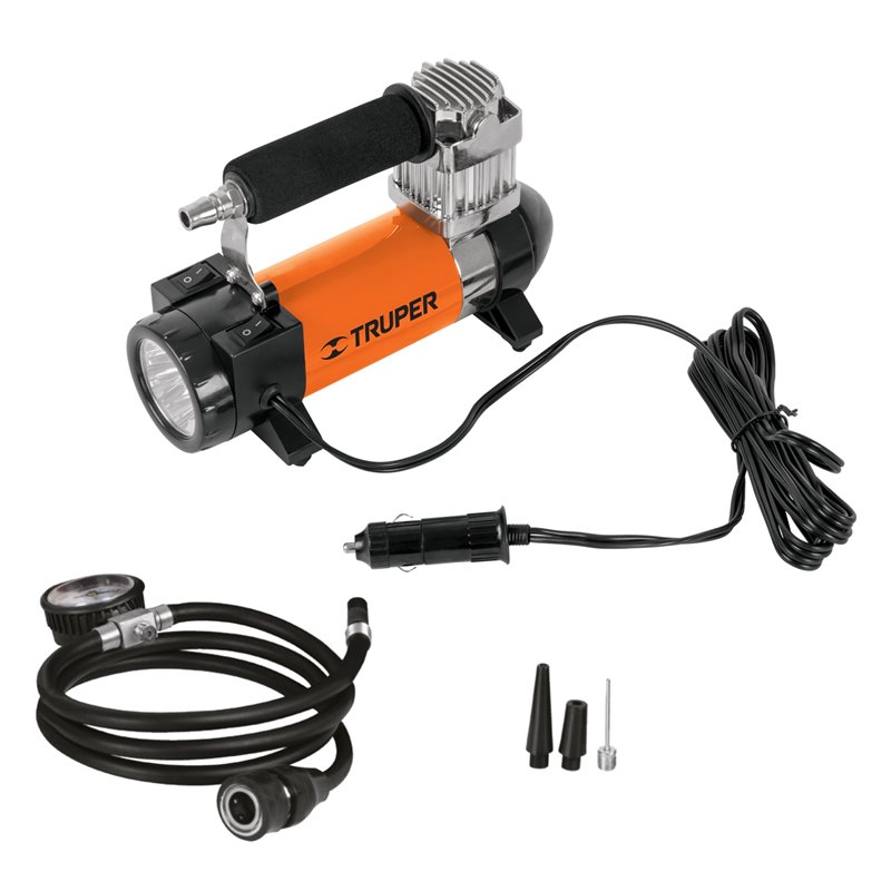 Compresor aire Truper 12V portátil para carro + linterna + maletín