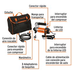 Compresor aire Truper 12V portátil para carro + linterna + maletín
