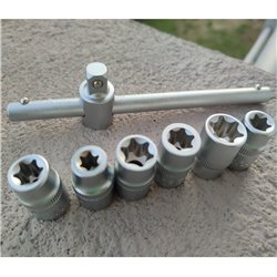 Juego copas dados 3/8" torx hembra E8 a E16 con mango deslizante