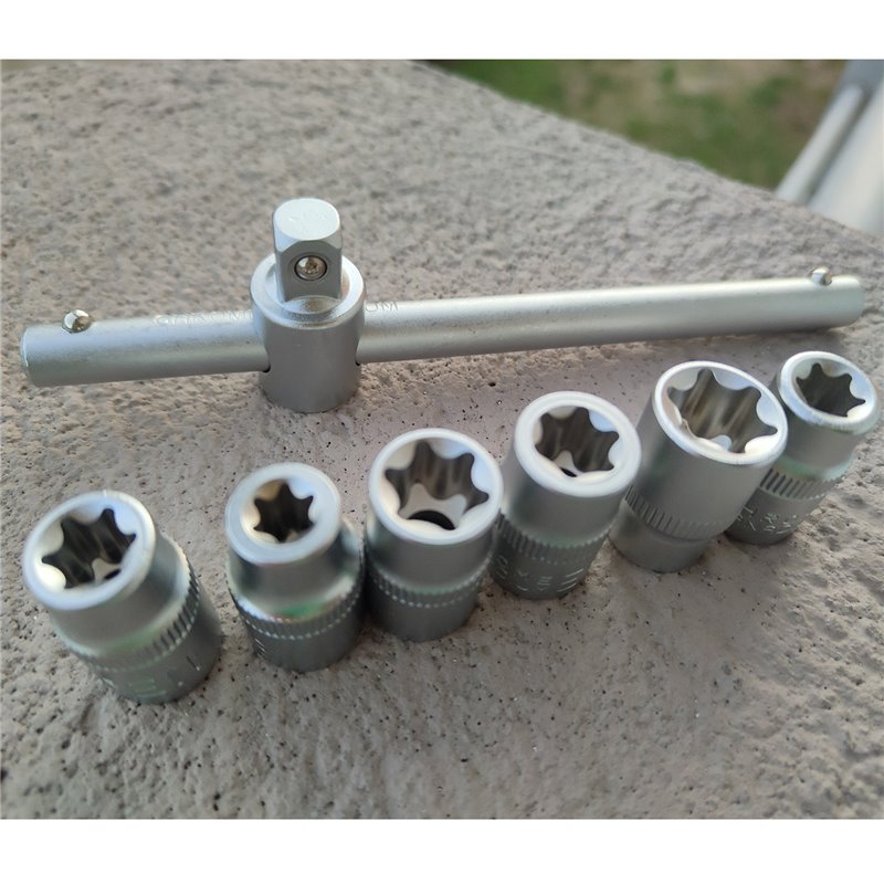 Juego copas dados 3/8" torx hembra E8 a E16 con mango deslizante