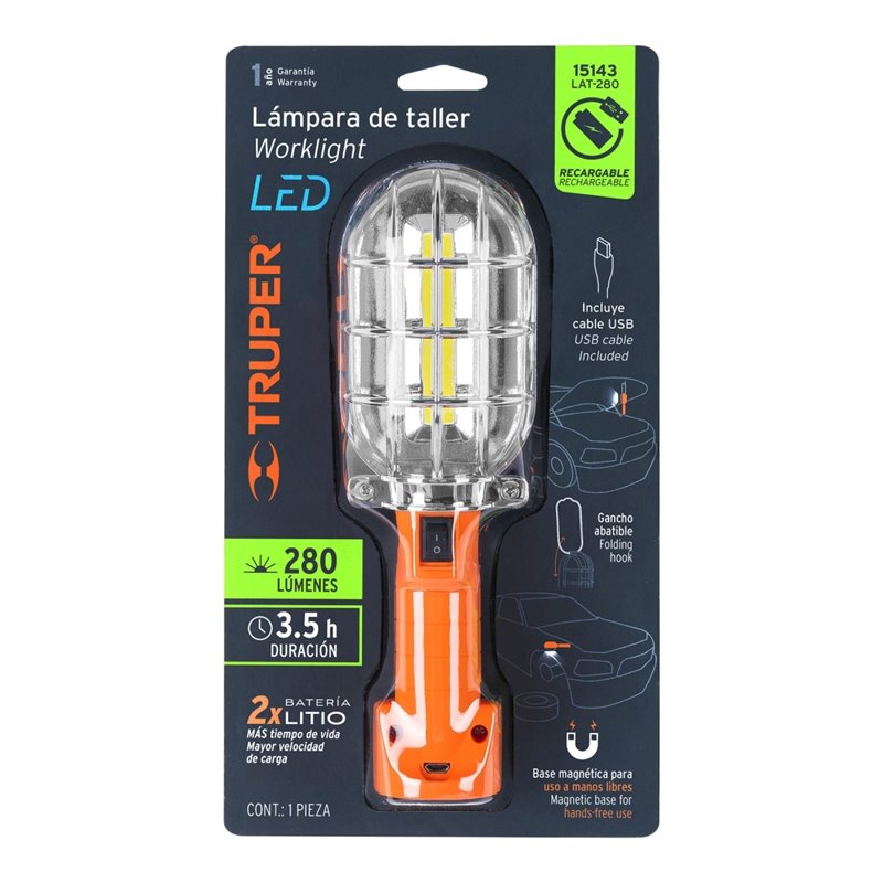 Lámpara linterna LED 280 lumens para taller Truper recargable