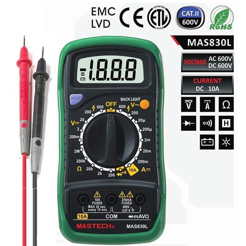 Multimetro Digital DT830L encauchetado + Batería + Puntas