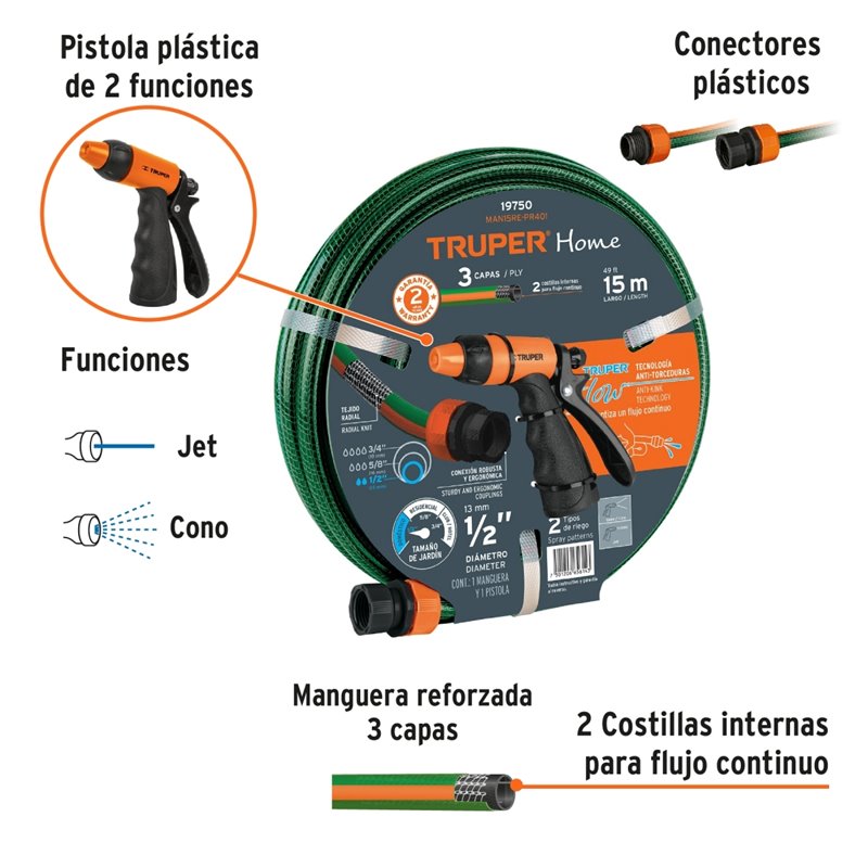 Manguera reforzada 15mtrs 3 capas 1/2" + pistola riego Truper