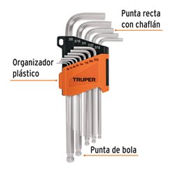 Juego 13 llaves bristol pulgadas allen hexagonal Truper punta bola