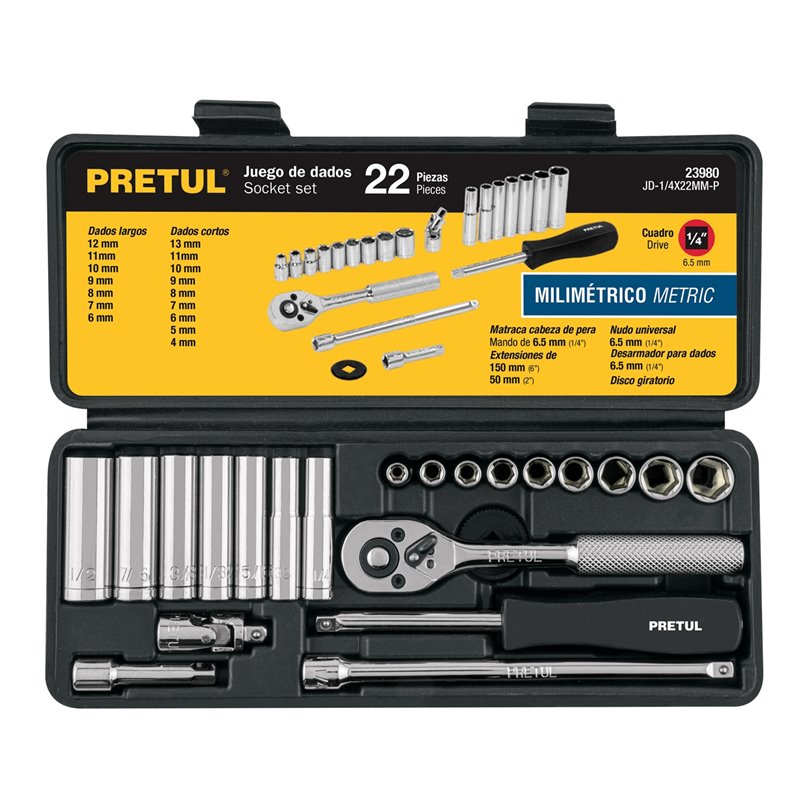Juego de copas 1/4" Pretul 22 piezas milimétrico