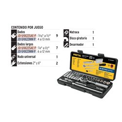 Juego de copas 1/4" Pretul 22 piezas milimétrico