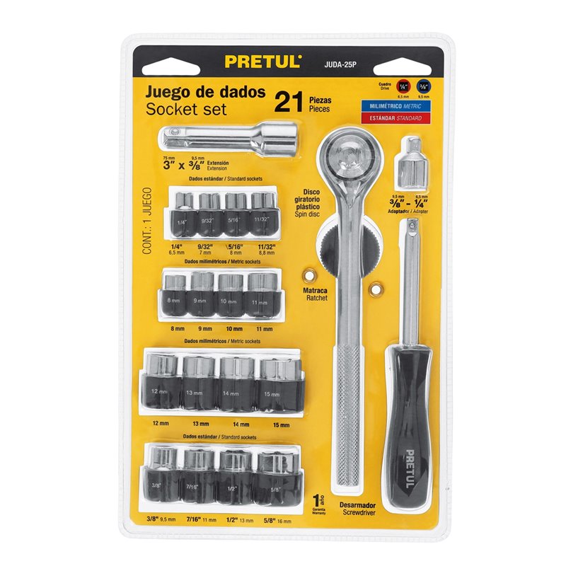 Kit 21 piezas ratchet copas 3/8" + adaptador 1/4" pretul