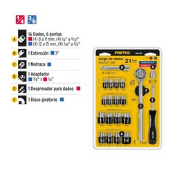 Kit 21 piezas ratchet copas 3/8" + adaptador 1/4" pretul