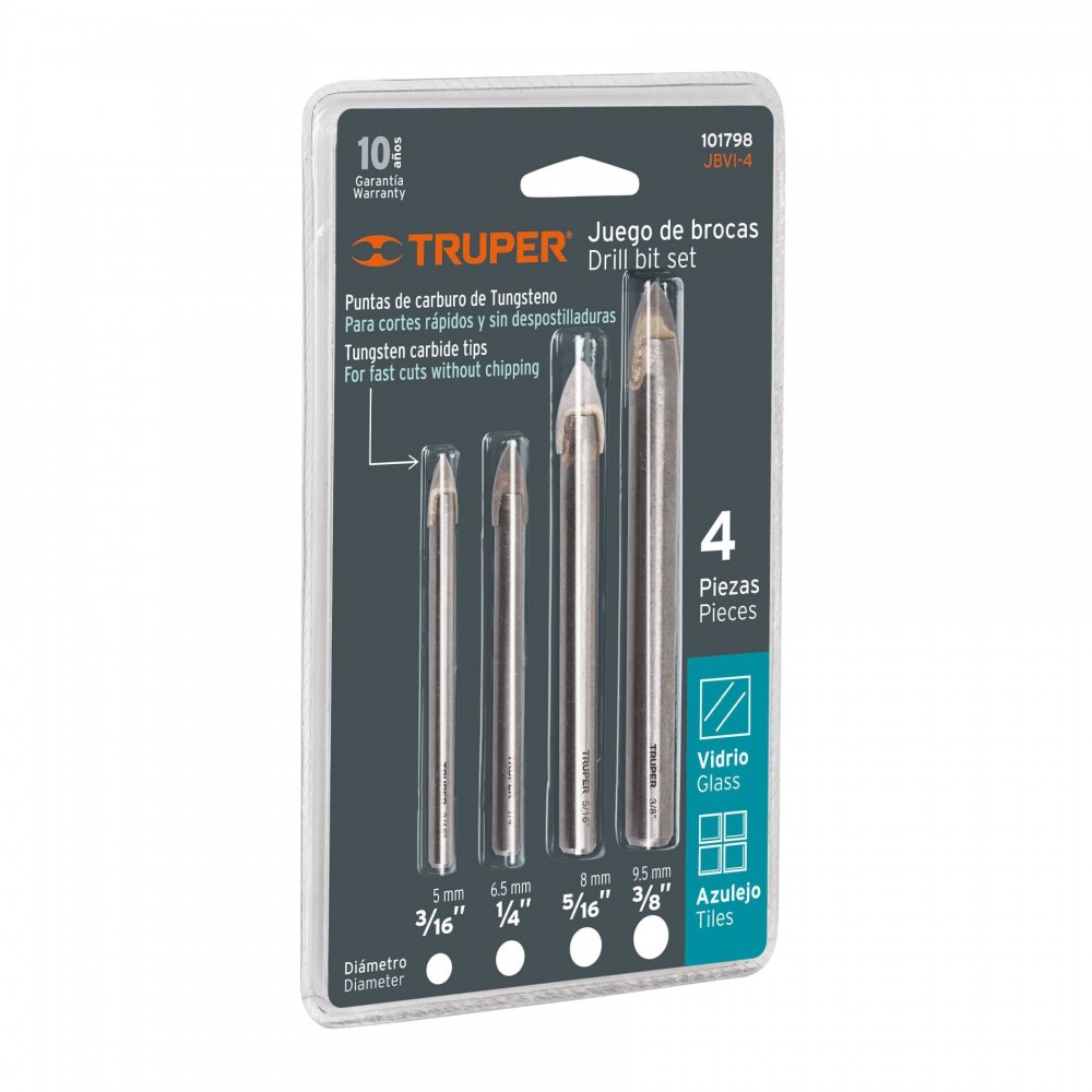 Kit 4 brocas Truper para vidrio y baldosa punta tungsteno