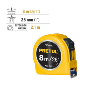 Flexómetro amarillo 8m cinta 25mm Pretul