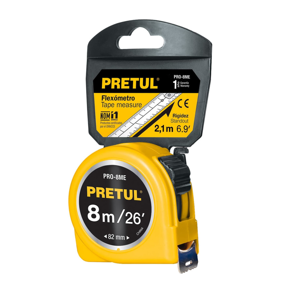 Flexómetro amarillo 8m cinta 25mm Pretul
