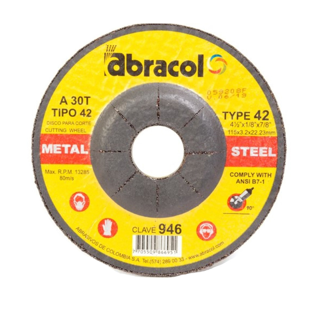 Disco Abracol Tipo 42 CorteMetal  4.1/2"X1/8"X7/8" Grano A30