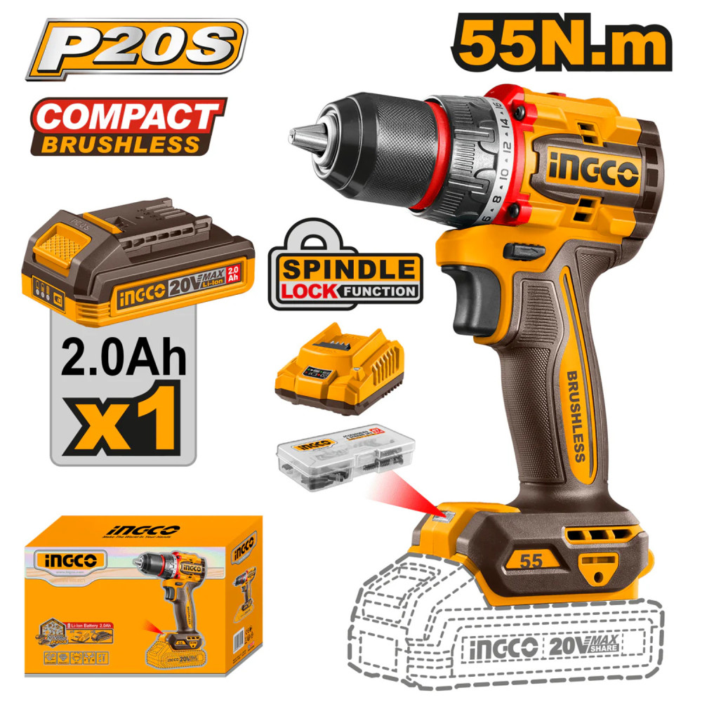Taladro rotación Inalámbrico 1/2" 20V 55Nm Ingco UCDLI205582 + 47 Accesorios + batería