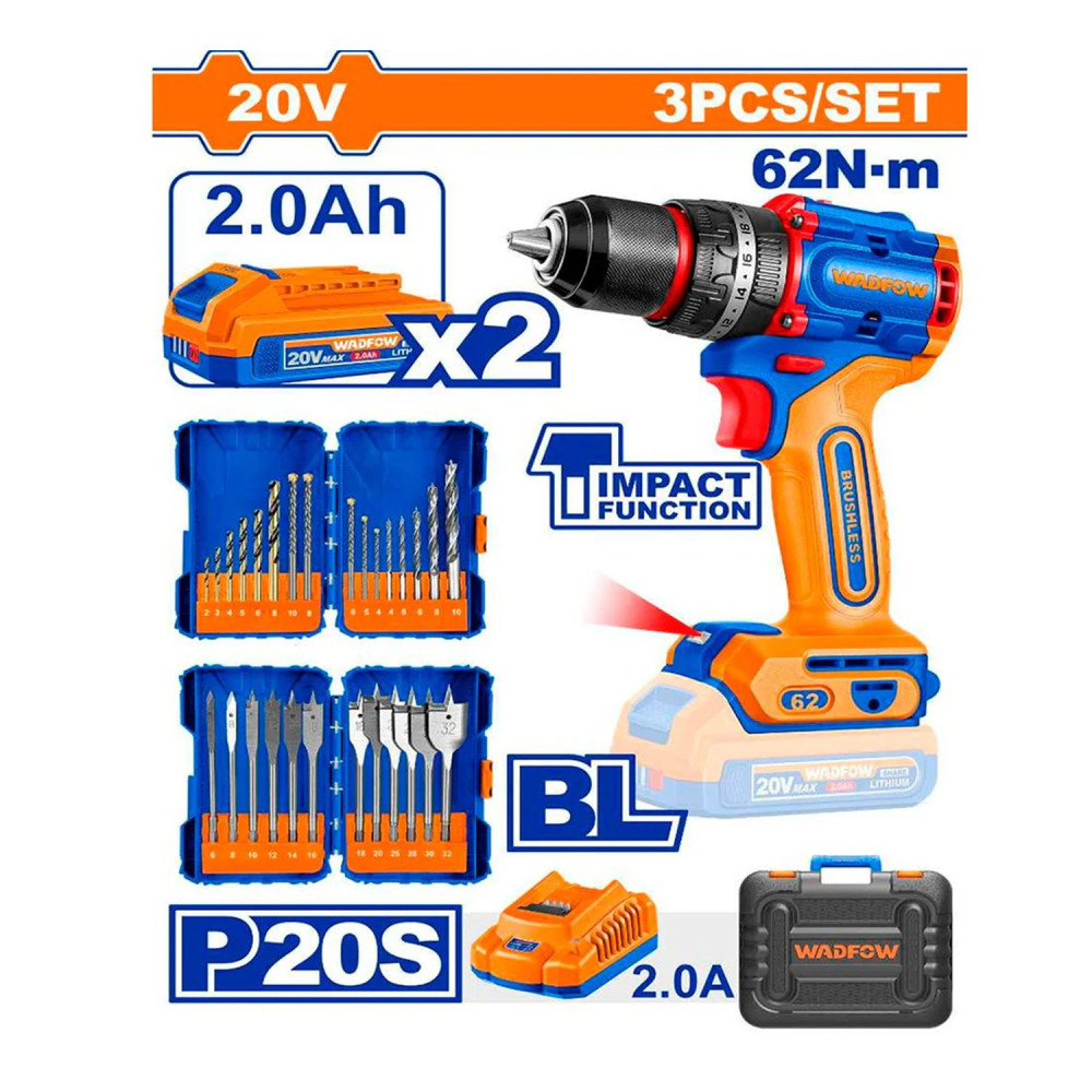 Taladro Wadfow impacto 1/2" 20V 62Nm brushless + 2 baterias + brocas uwos250895