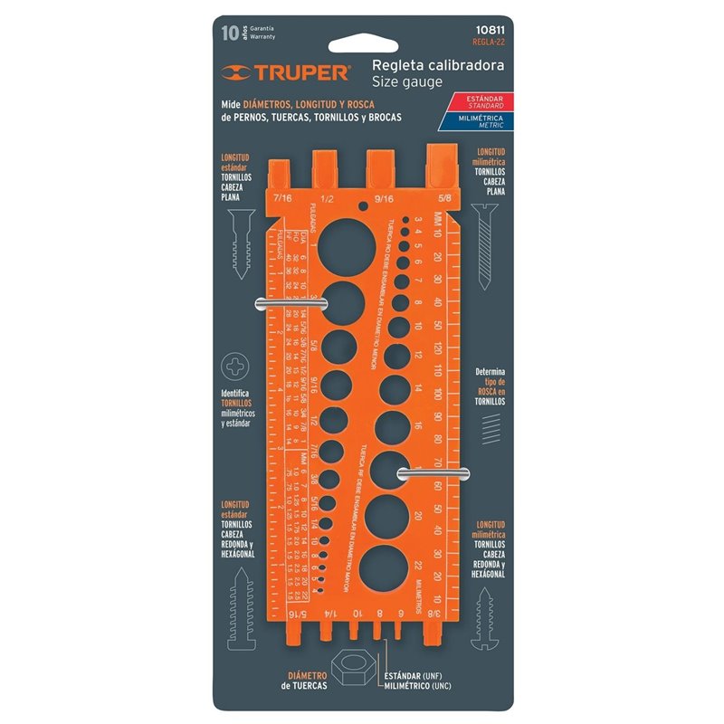 Regleta medidora de tuercas y tornillos 22cm Truper