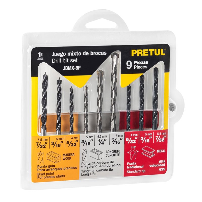 Juego x9 brocas acero, concreto y madera Pretul