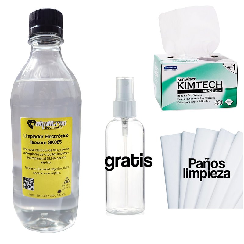 Alcohol isopropílico 500mL + 3 paños Kimtech + envase 60mL