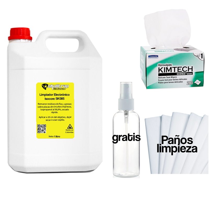 Alcohol isopropílico 1 litro + 3 paños Kimtech + envase 60mL